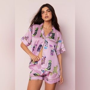 NastyGal Satin Cowboy Boots Pajama Shorts Set, Size Medium. NEW with tags.